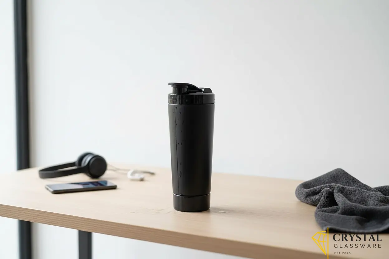 Stainless steel protein shaker bottle with a powder storage compartment at the base